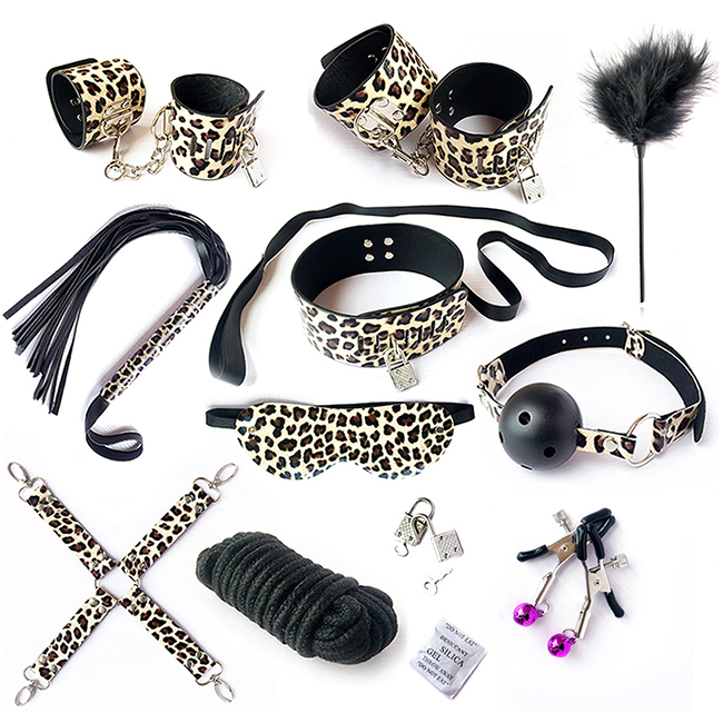 10 Pcs BDSM Leopard Leather Bondage Sets Restraint Kits 